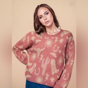 Nwt Western Graphic Oversized Knit Sweater Top